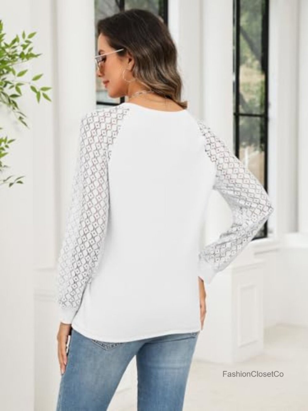 Women's Lace Henley Long Sleeve T-Shirt Casual Blouse Top - Picture 4 of 6